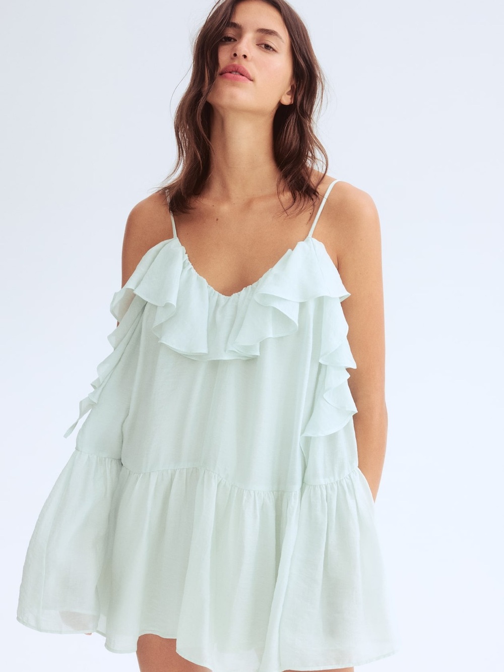H&M FLOUNCED ORGANZA DRESS Light Mint Organza Ruffle Tiered Mini Dress